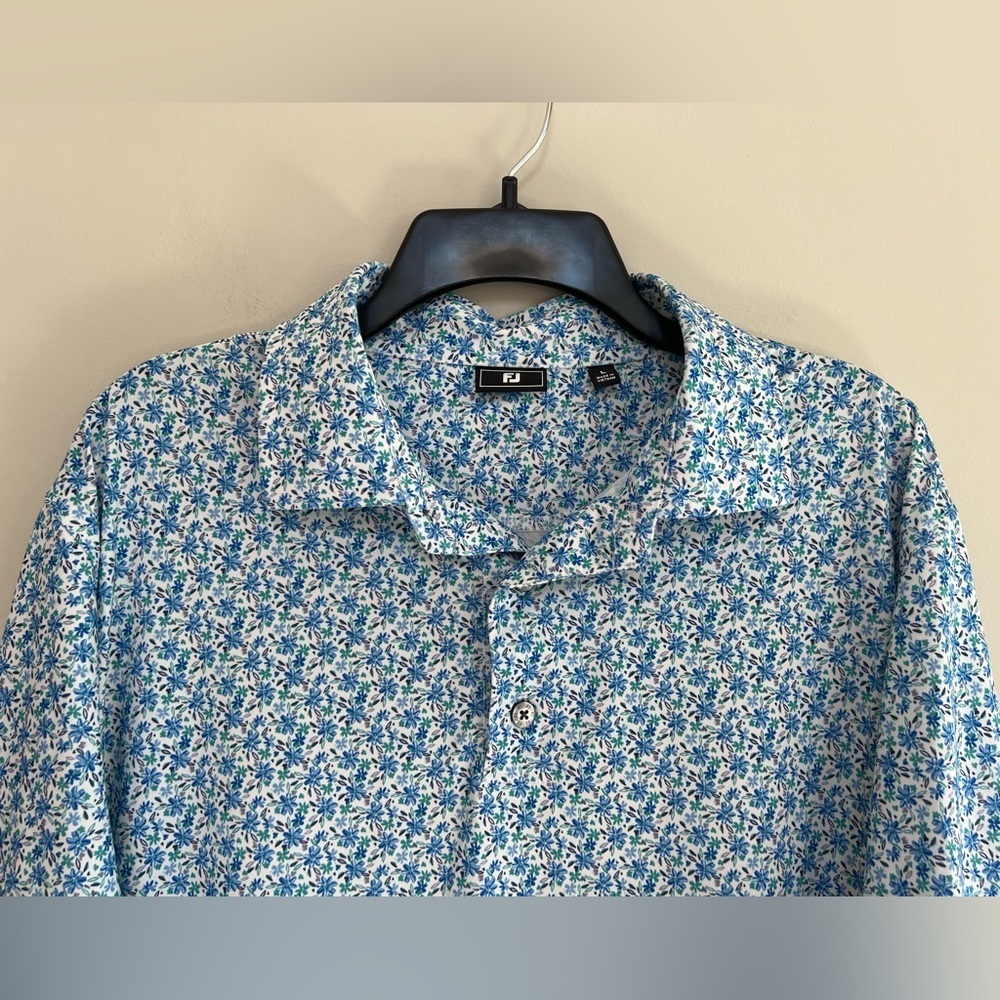 FootJoy Allover Floral Print Lisle Performance Golf Polo, White/Blue, L - Picture 8 of 8
